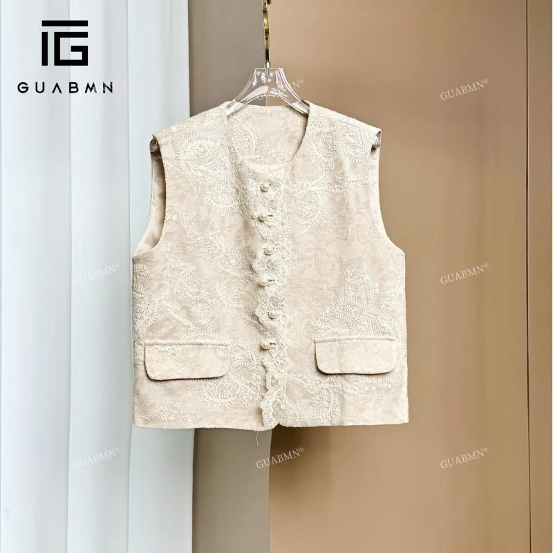 GUABMN夏季2025圆领珍珠扣钩花无袖马甲背心3905