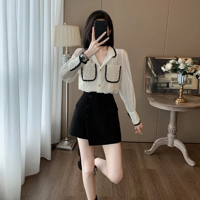 法式小香风高端白色衬衫女装夏季港风chic衬衣高级感别致长袖上衣