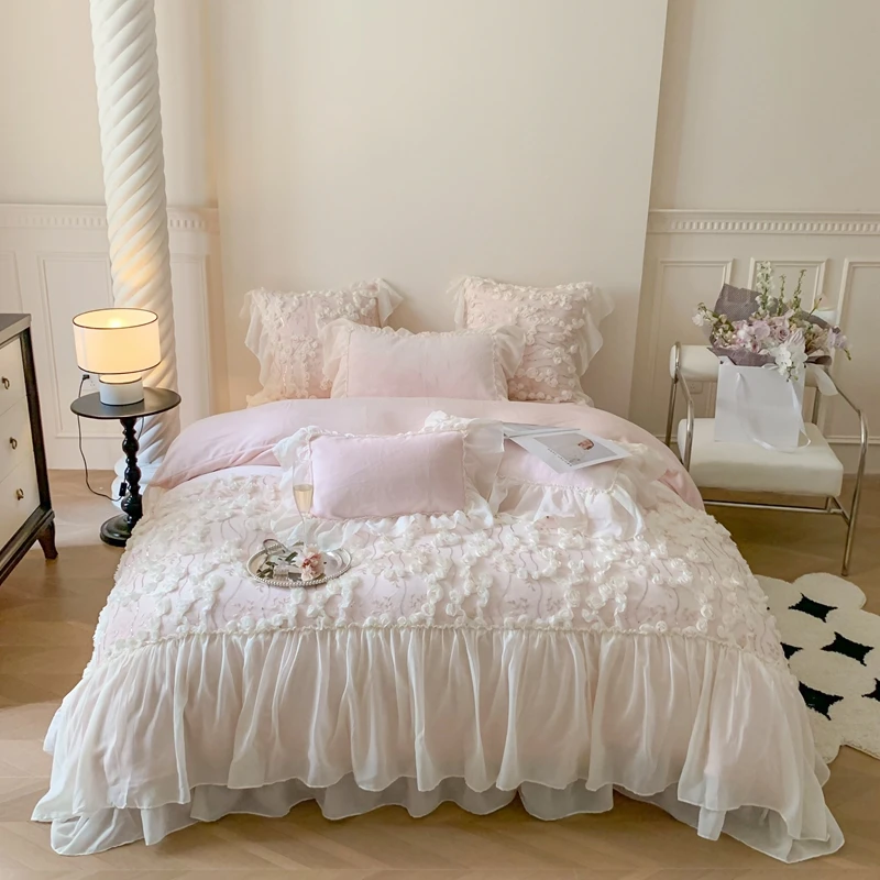加厚婴儿绒蕾丝花边四件套高端公主风浪漫玫瑰故事床单床盖款床品