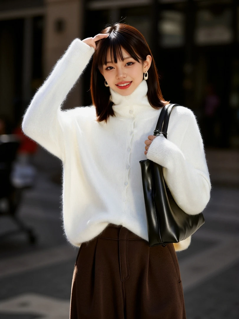 秋冬新款韩系时尚百搭羊毛羊绒拉毛半高领针织开衫上衣纯色8210