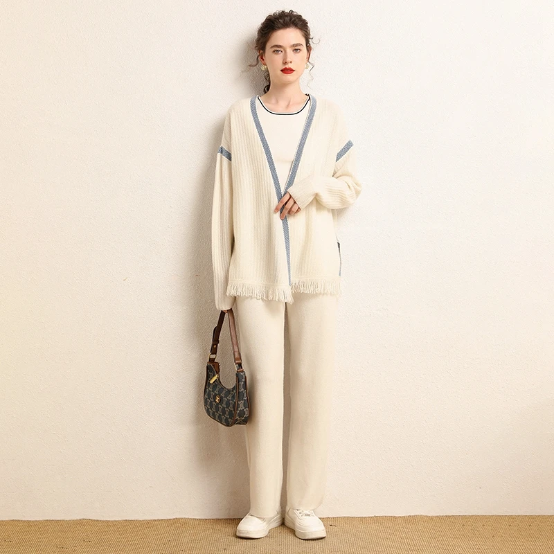 山羊绒流苏提花开叉羊绒开衫中长款外套