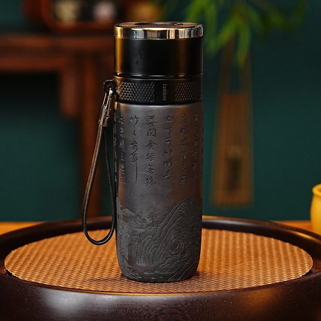 宜兴全手工紫砂茶具 原矿石黄泥料刻绘山水楼阁车载保温杯