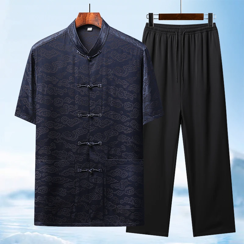 爸爸夏装短袖唐装男中老年人夏季薄款套装爷爷宽松休闲两件套汉服