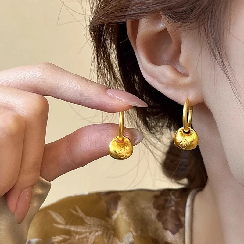 铜合金耳饰 复古耳圈金色钱袋耳环女轻奢高级感气质国风耳饰
