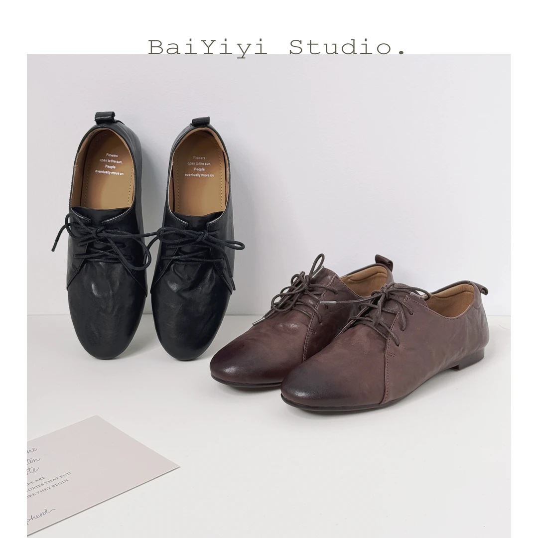 【白一一】春季单鞋2025新款手工水洗休闲通勤真皮软底舒适-BYY009