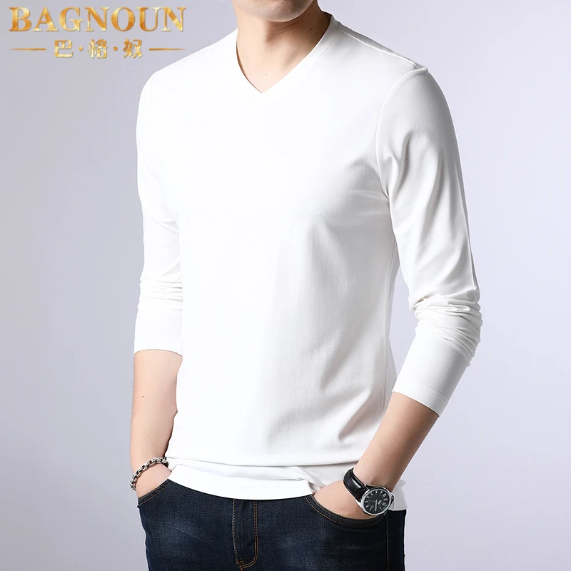 巴格奴长袖T恤男士秋季新款时尚高端莫代尔桑蚕丝V领中年内搭上衣