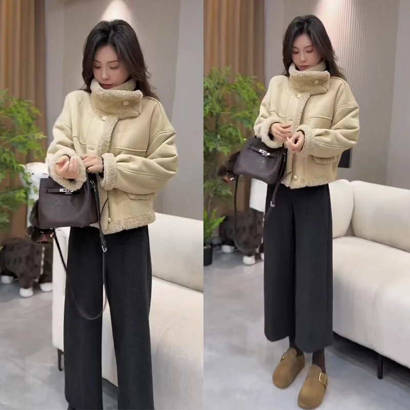 冬季时尚穿搭2025年新款气质百搭羔羔毛外套高腰休闲裤两件套装