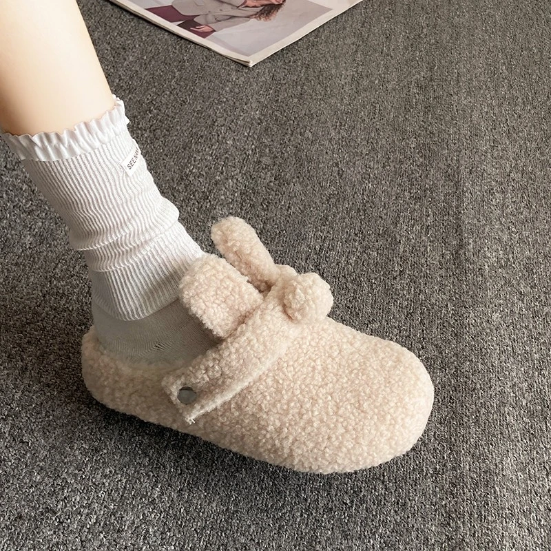 糯叽叽~甜美厚底毛毛包头两穿半拖鞋女秋新款保暖棉鞋外穿勃肯鞋