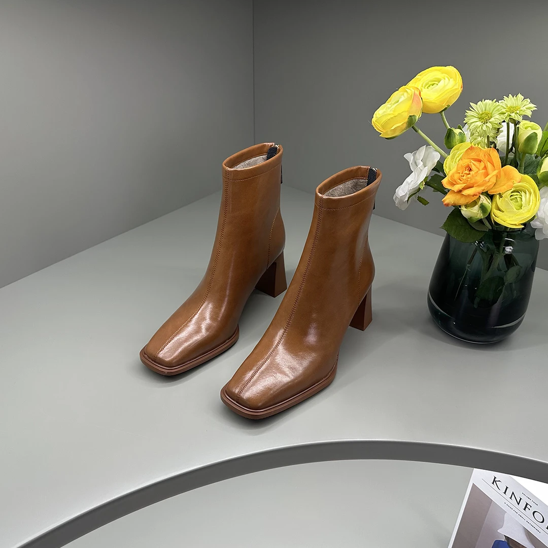 KFY【6cm】2024秋冬新款方头复古真皮女鞋软底软面时短靴X074棕