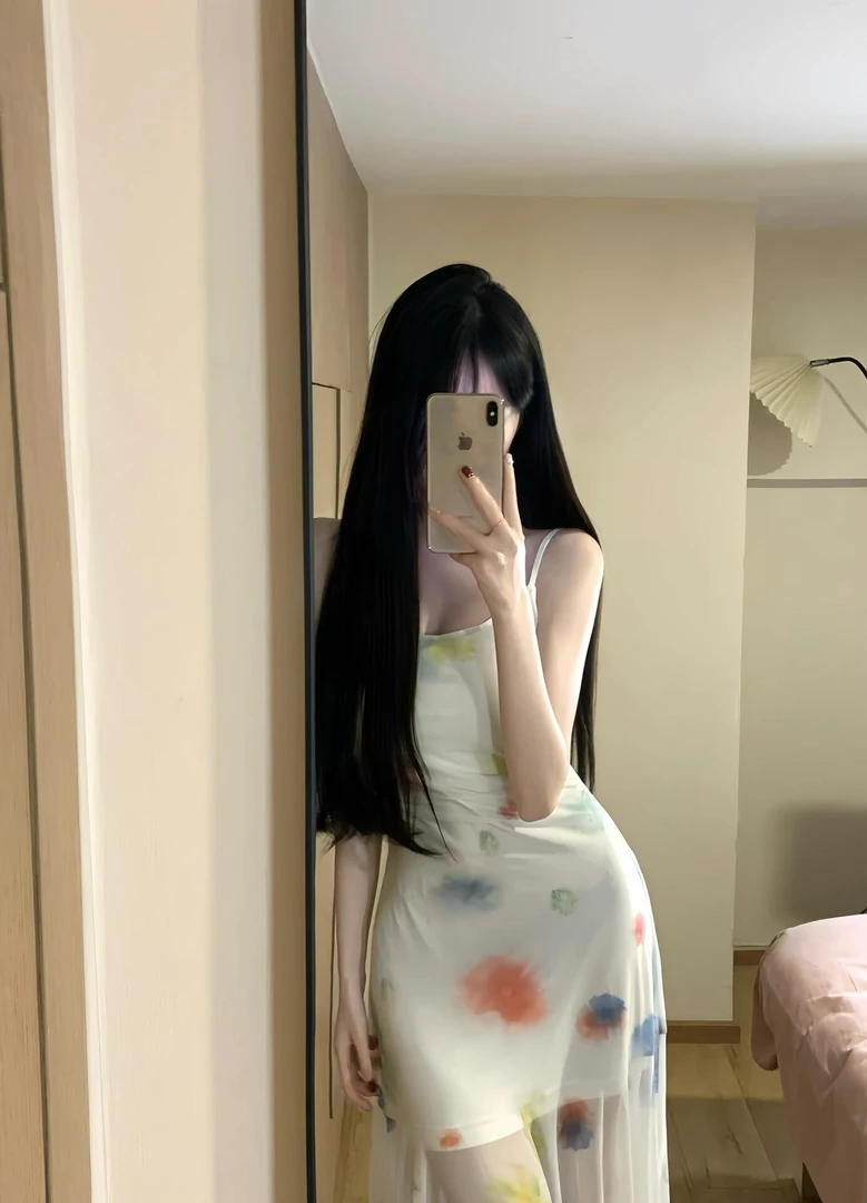 夏日水彩网纱吊带裙不规则裙摆鱼尾长裙气质纯欲复古小众连衣裙