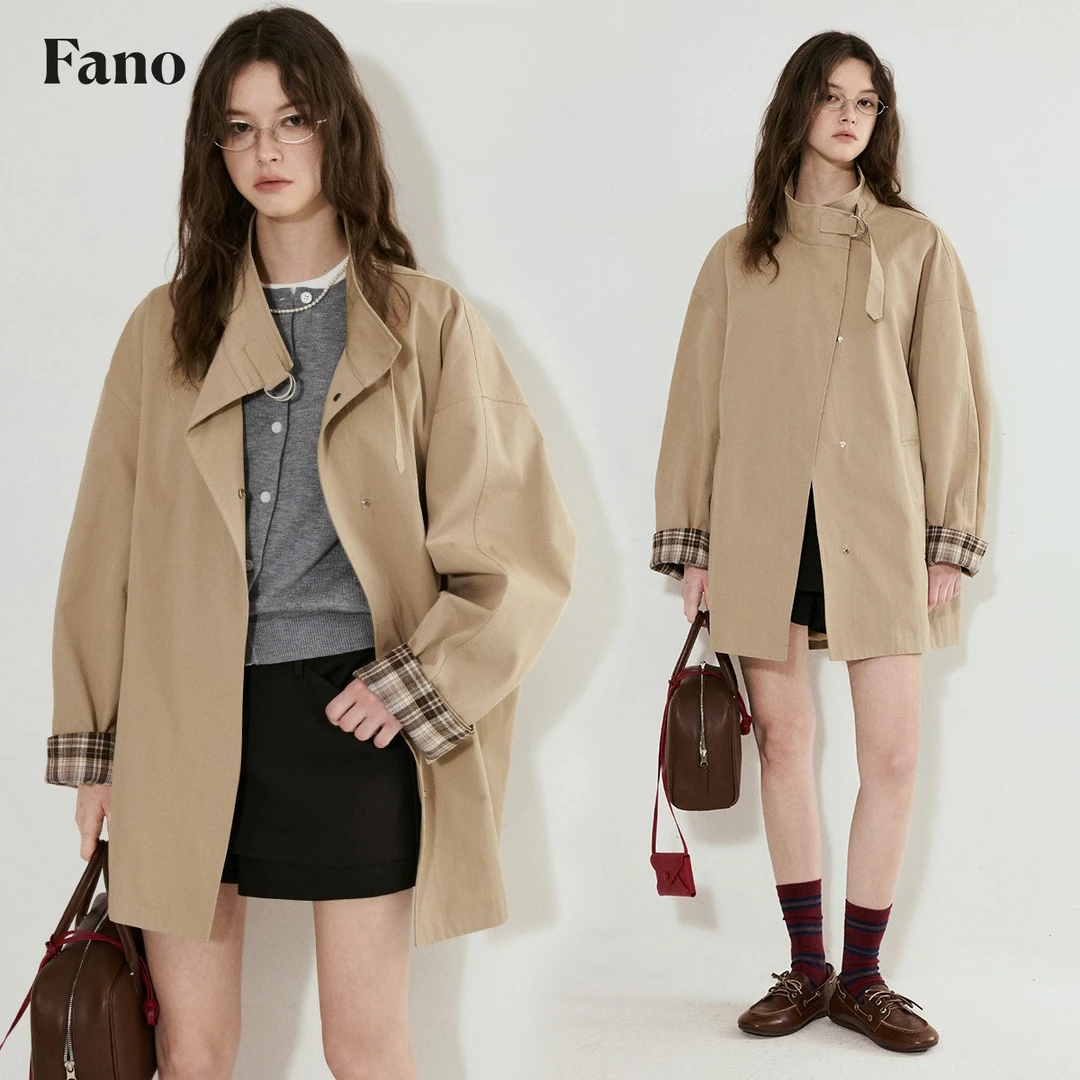 范洛 “英伦风范 袖口撞色格纹拼接”金属四合扣风衣FC25W088