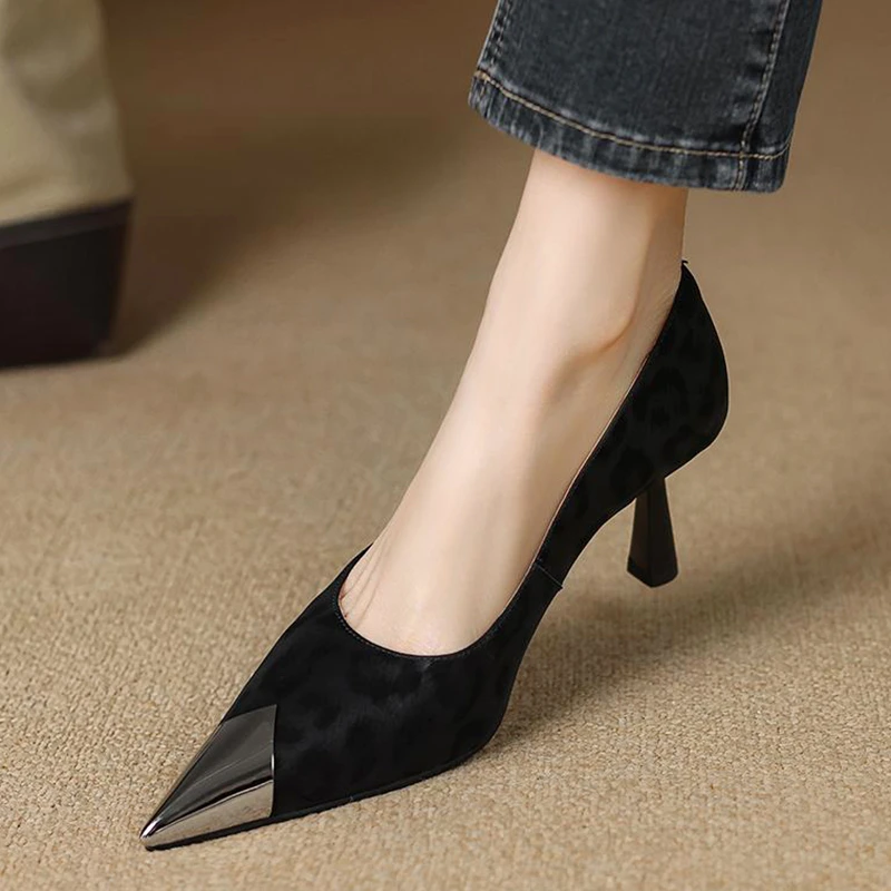 真皮7cm细跟性感豹纹高跟鞋法式金属头浅口单鞋百搭通勤职业女鞋