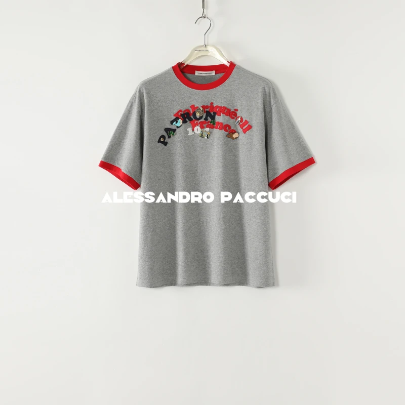 AP洛哥52060TT【趣想】棉质撞色领口可拆坠饰时尚百搭短袖字母T恤