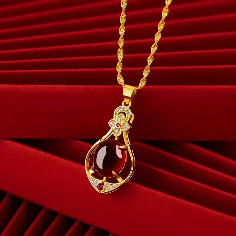 钛钢项链 气质妈妈时尚百搭女士红色绿色镶嵌精美女款精致坠链