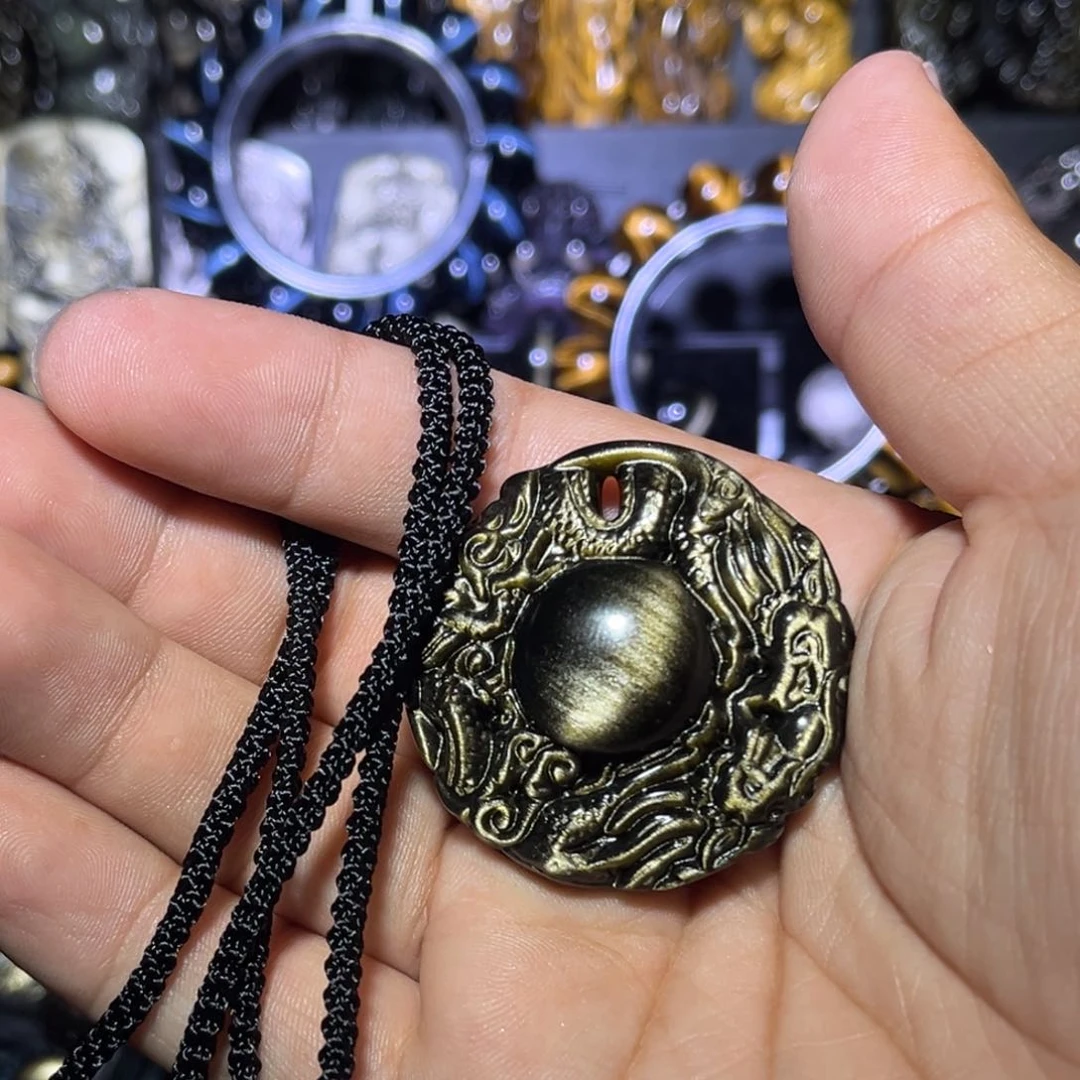 未镶嵌黑曜岩手链沧**桑天然金曜石猫眼双龙护主吊坠