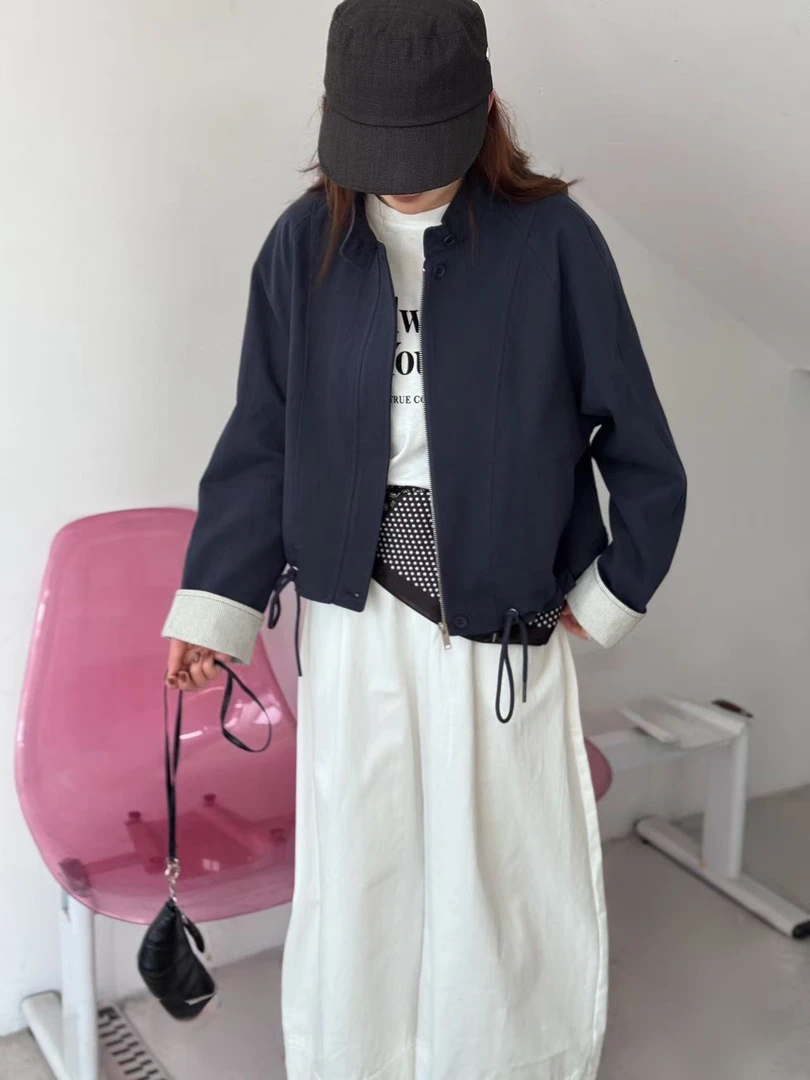 韩系立领工装袖口条纹拼接外套女秋季2025新款别致超好看夹克2526