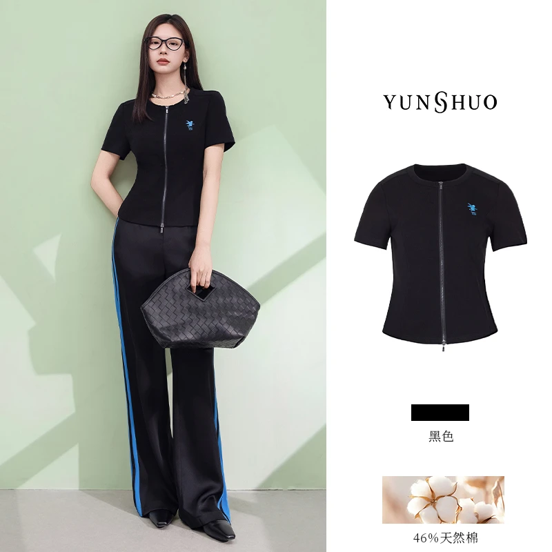允硕夏季新品时尚百搭女装休闲T恤短袖拉链印花圆领上衣325305