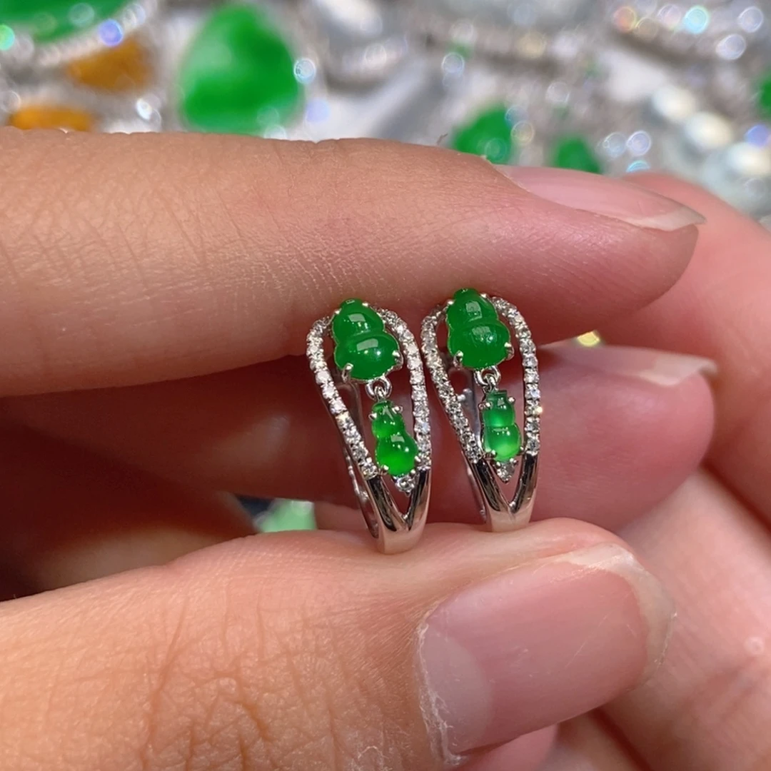 翡翠18K金镶嵌耳饰天然缅甸A货翡翠