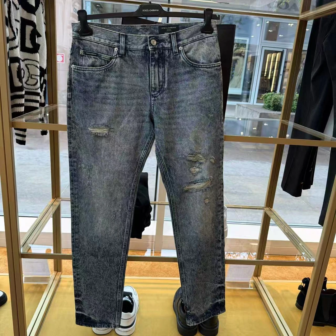 【CC在欧洲】 D.....G 折扣款5号 中腰直筒雪花破洞牛仔裤