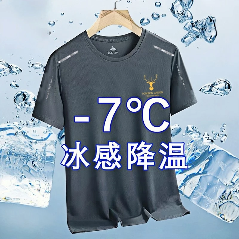 夏季轻奢潮品冰丝t恤男圆领速干衣短袖薄款透气大码上衣男运动
