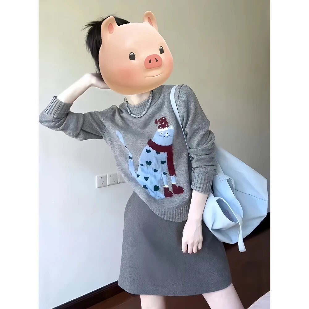秋装针织衫时尚搭配一整套女高级感灰色卡通减龄毛衣短裙两件套装