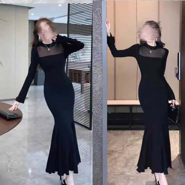 纯欲风性感黑色网纱拼接长袖修身显瘦露背鱼尾长裙子大码9327