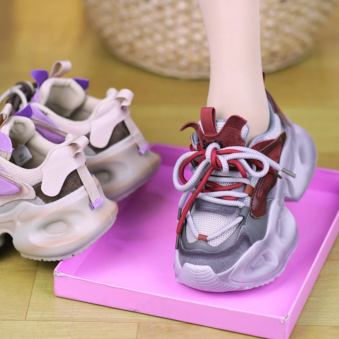 BH3039-2春季新款真皮厚底老爹鞋头层牛皮增高拼色系带休闲运动鞋