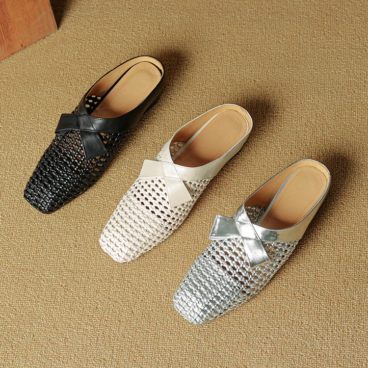 软羊皮+编织 夏季镂空透气软底坡跟包头半拖鞋玛丽珍复古凉拖鞋女