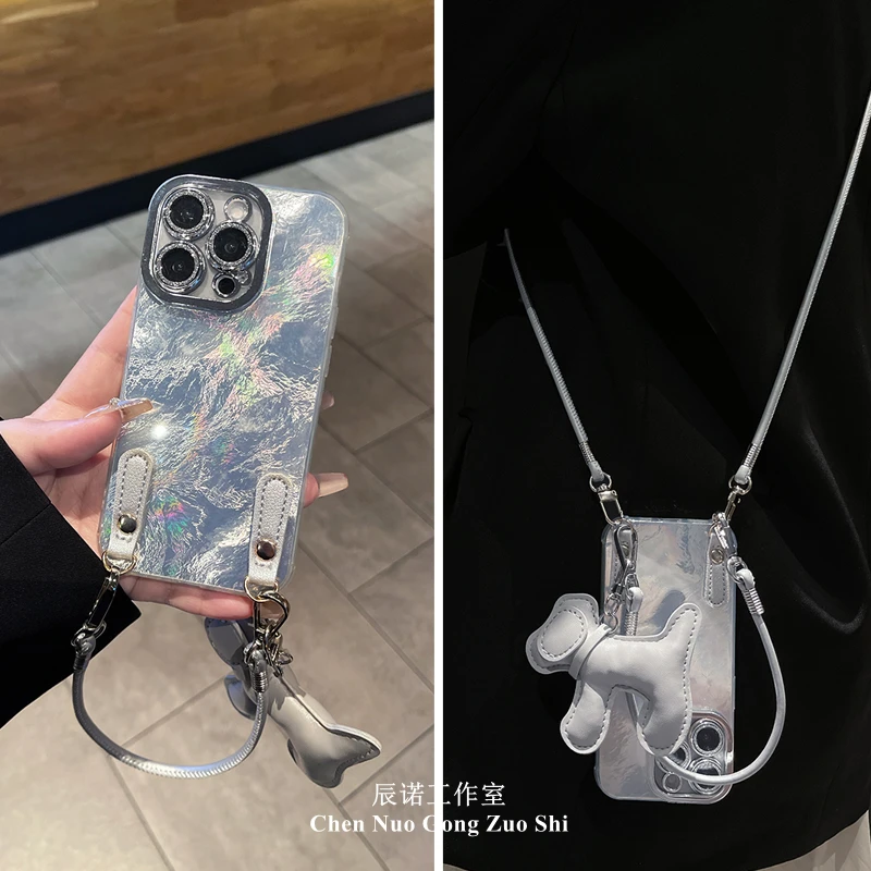 适用苹果华为荣耀oppo/vivo小米冰川纹手机壳小狗吊坠手提斜挎绳
