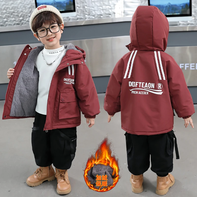 男童棉服冬季加绒外套2025新款冲锋衣儿童加厚连帽棉袄冬装派克服