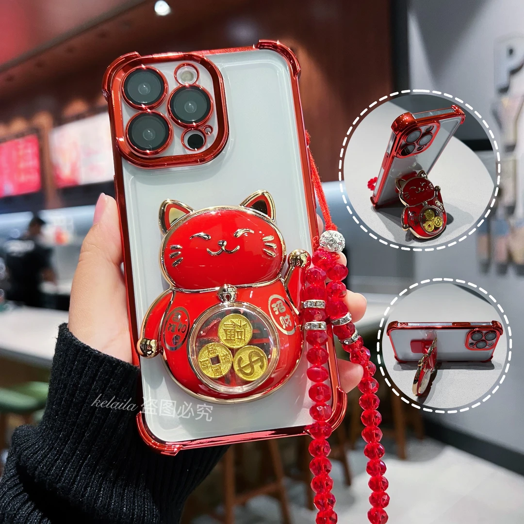 适用苹果华为VIVO荣耀OPPO小米防摔手机壳红色电镀气囊招财猫支架