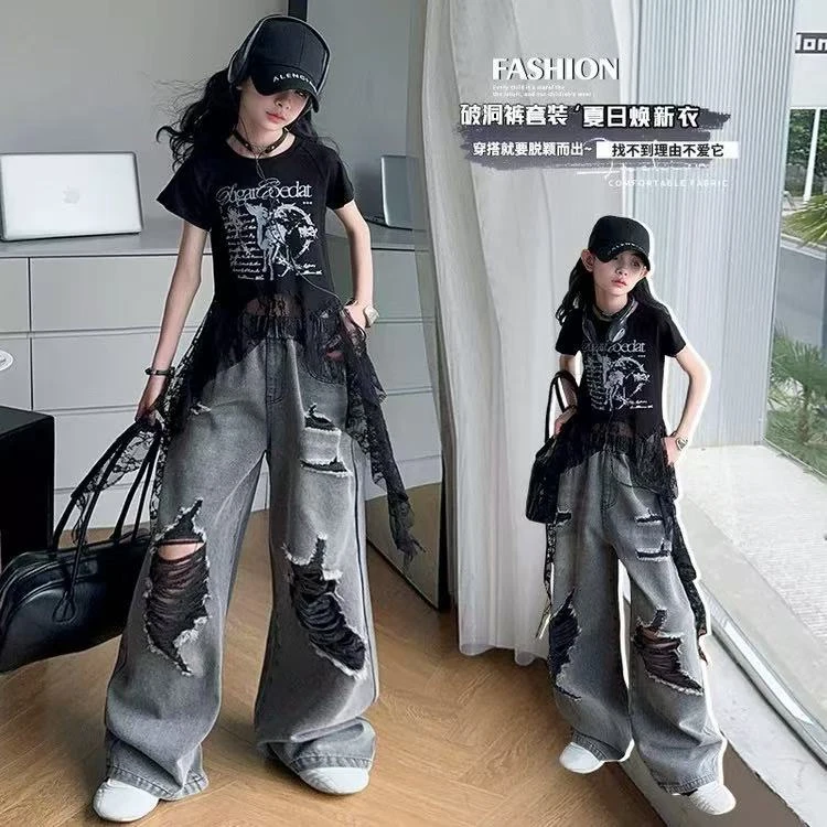 女童夏季潮酷套装儿童酷飒时尚百搭阔腿破洞牛仔裤+蕾丝T恤薄款潮