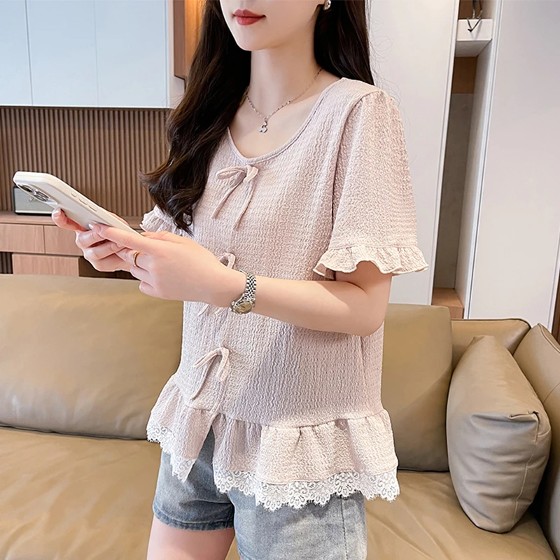 短袖t恤女2025新款夏季韩版宽松设计感小众蕾丝下摆假两件上衣服