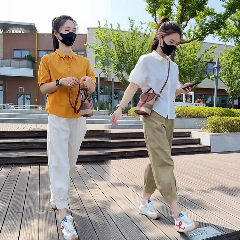 夏季新款微胖显瘦小个子百搭韩系纯色衬衫休闲九分裤两件套装