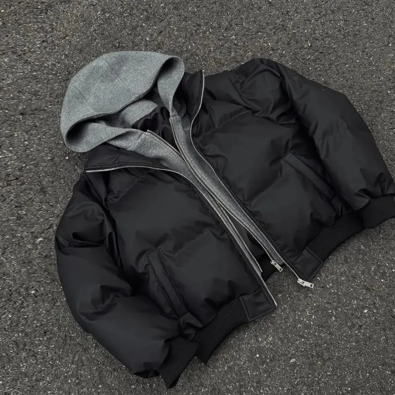 假两件重磅连帽棉衣男保暖短款潮牌冬季夹棉加厚棉服秋冬廓形棉袄
