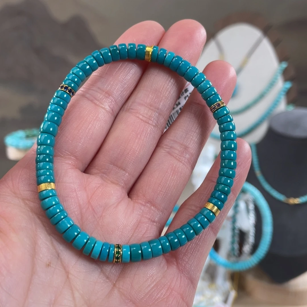 绿松石18K金镶嵌套链5.2精品玉化直切手串