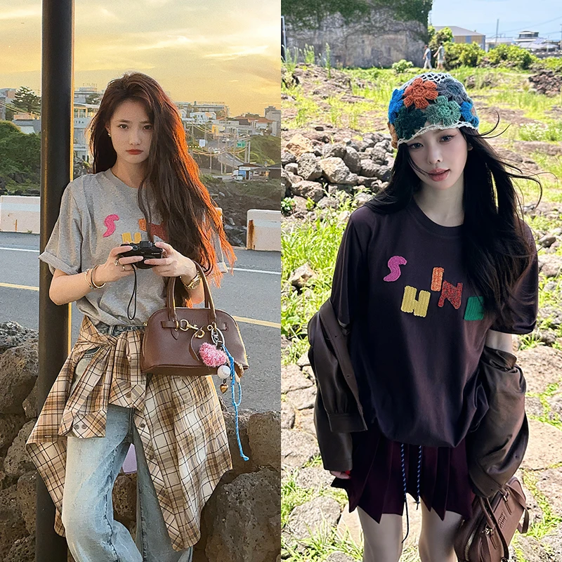 CHICHEN D家韩妹的字母T恤-敲废人工的钩花字母休闲t