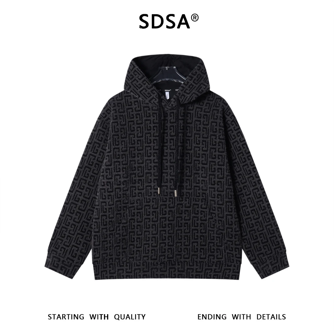 SDSA男士秋冬新款痞帅男装潮牌撞色提花抽绳连帽卫衣百搭套头上衣