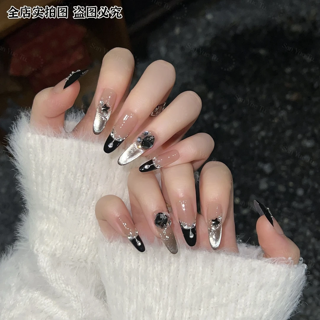 【黑暗荣耀】三月兔秋季黑色法式美甲辣妹风纯欲显白可拆卸穿戴甲