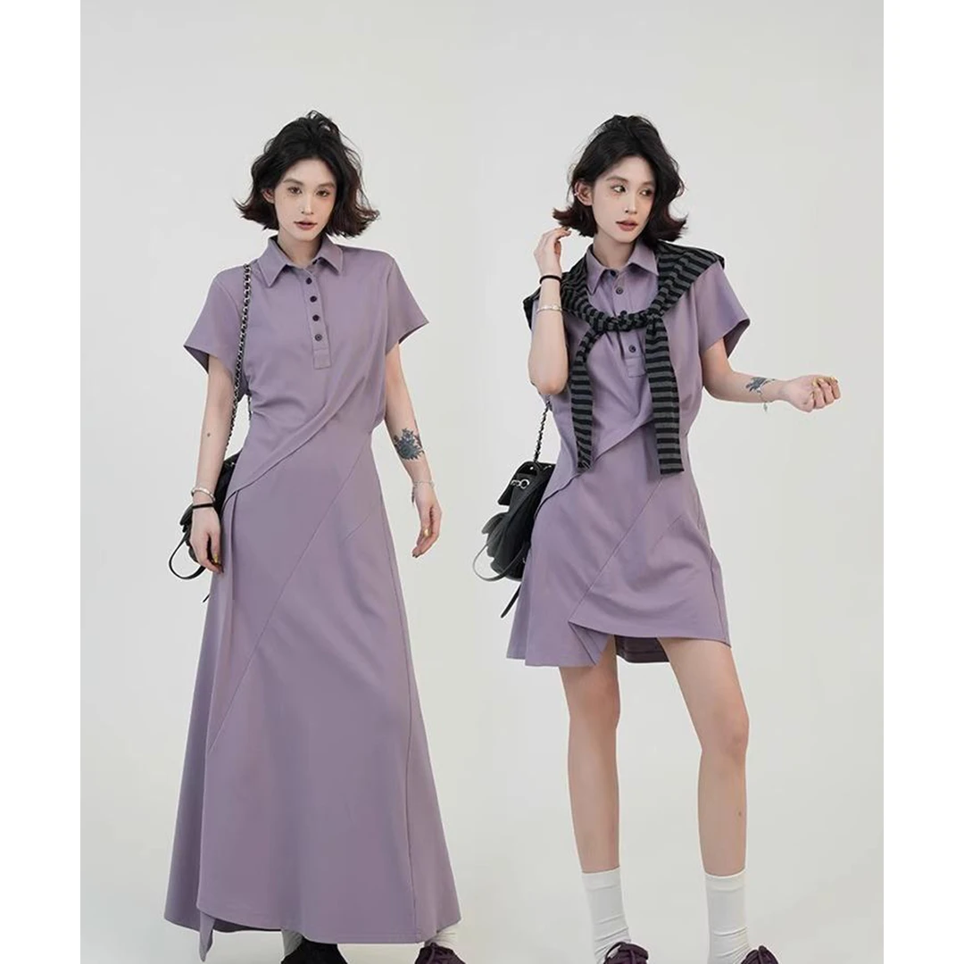 小秋家紫色Polo领不规则T恤连衣裙女夏季韩系设计感修身收腰A字裙