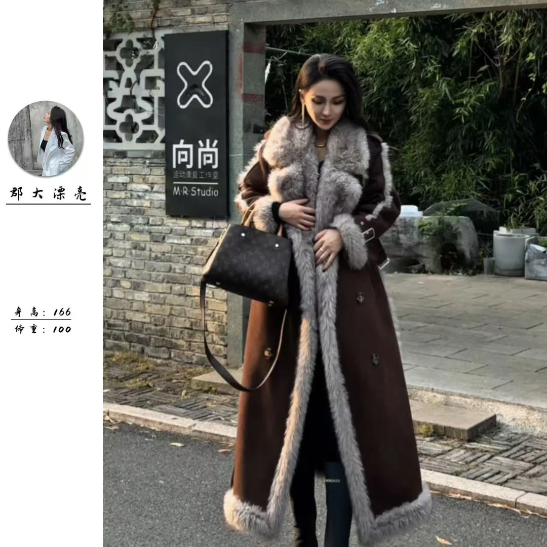 【君大漂亮】宽松型厚款毛领保暖外套修身秋冬毛皮草长款-28107