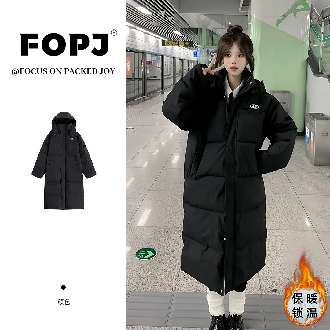 FOPJ韩系学院风长款过膝棉服女秋冬季网红款加厚保暖宽松潮流外套