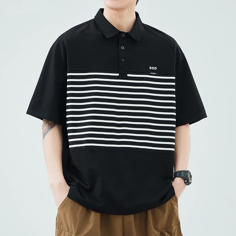 男士条纹短袖POLO衫男夏季2025新款翻领宽松休闲潮牌男生T恤上衣