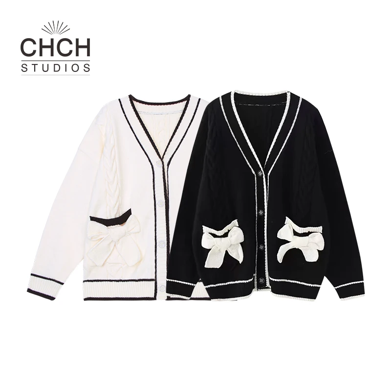 RAQKS10226秋冬新款时尚V领蝴蝶结开衫针织外套女