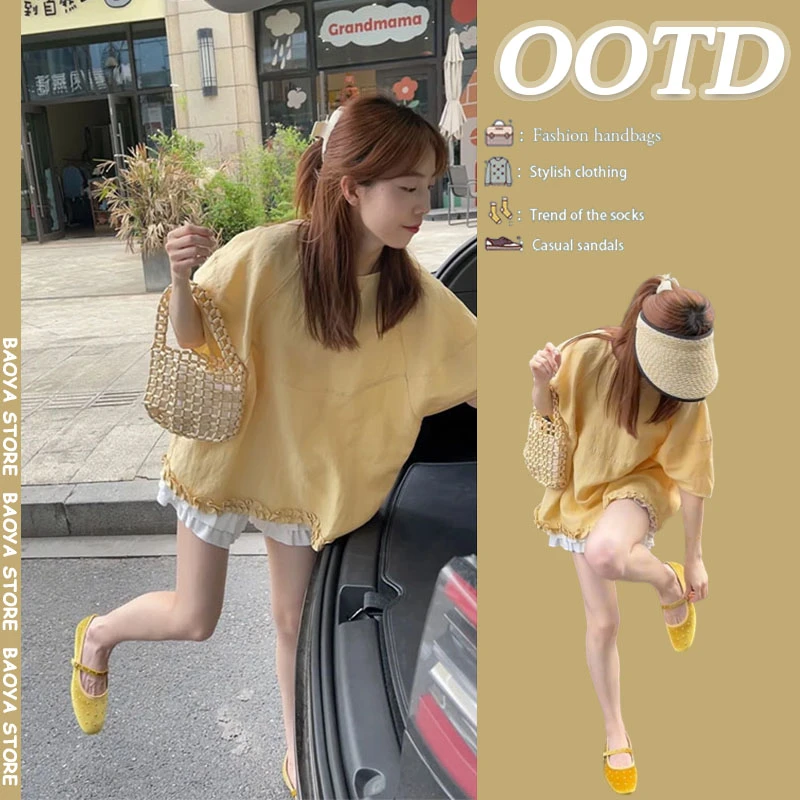 夏季穿搭一整套2025新款韩版设计感短袖衬衫高腰木耳边短裤两件套