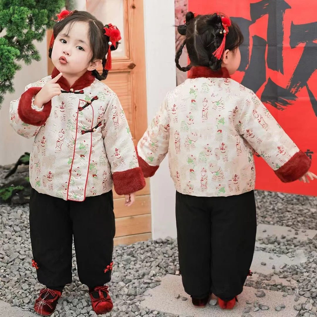 2026醒狮男女童拜年服加棉加厚中式唐装民族儿童盘扣两件套国风