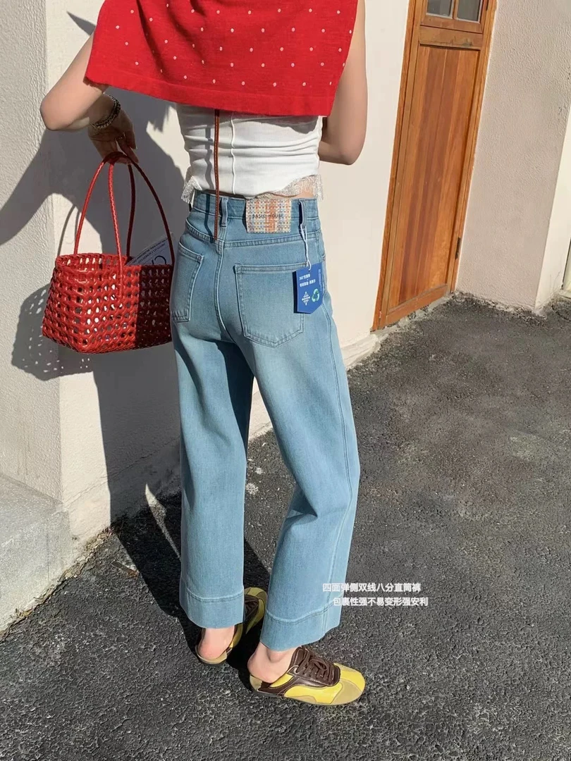 不变形四面弹直筒牛仔裤女高腰春季韩系显瘦小个子九分裤子百搭