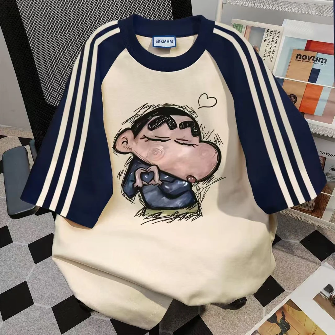 夏季常规拼接印花INS风抗起球短袖T恤卡通休闲半袖时尚运动撞色