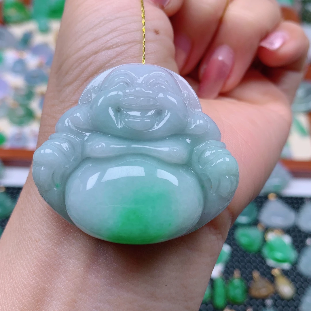 缅甸天然A货翡翠，飘绿佛公 编号446/309尺寸40.7-44.6-12