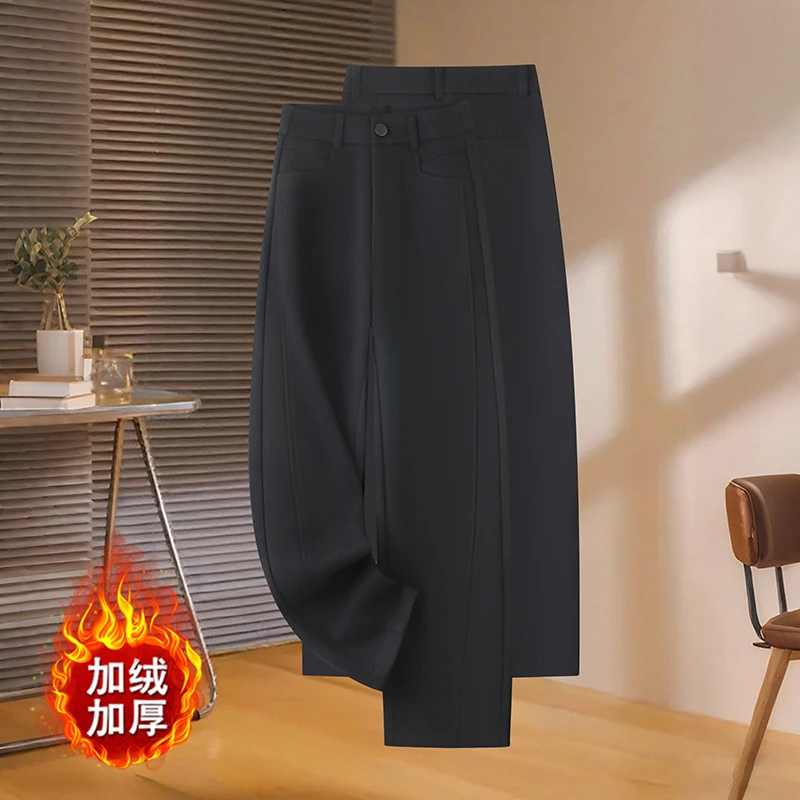 醋酸羊毛呢窄版阔腿裤女2025秋冬新款加绒加厚高腰直筒休闲糯米裤